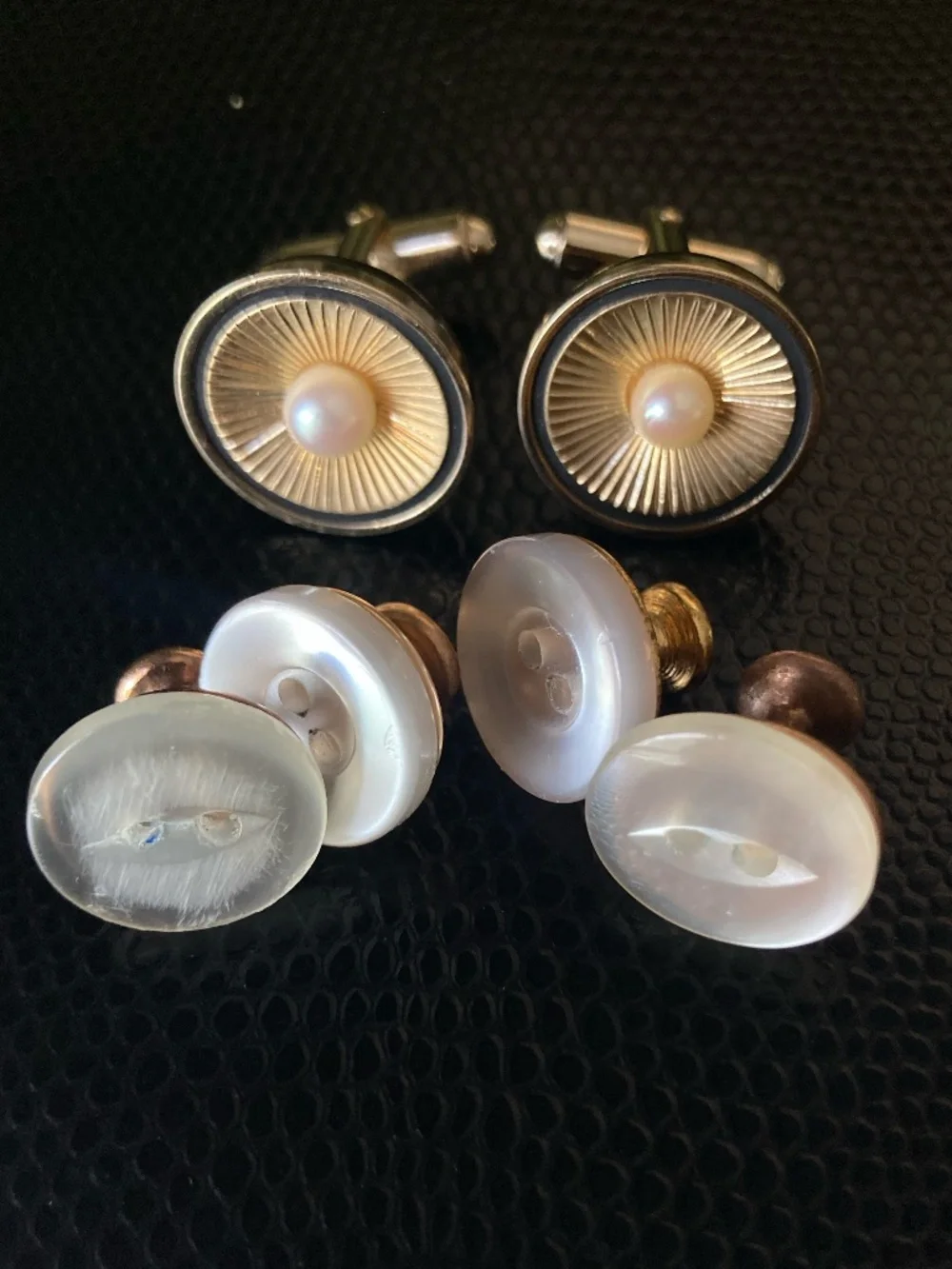 Vintage Anson Pearl Cufflinks Tuxedo Stud Set Gold Tone Formal Wedding Set